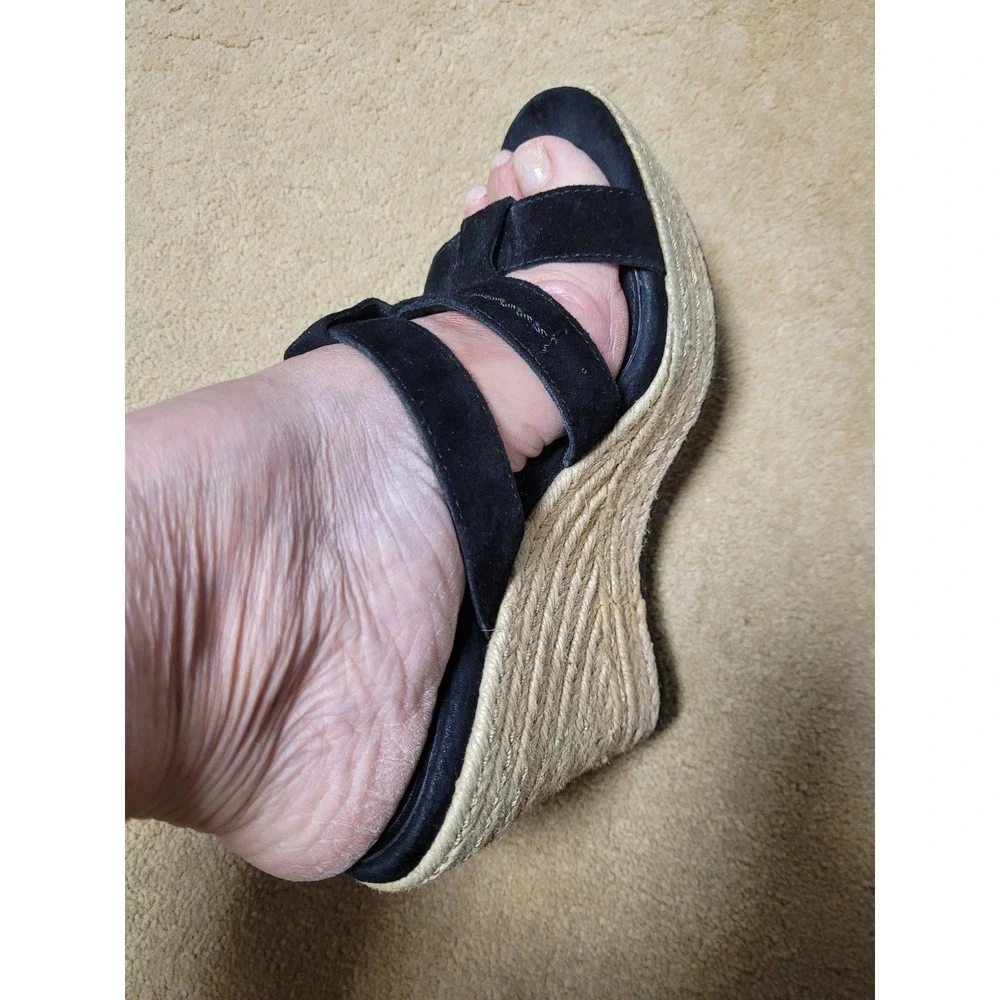 UGG Lucianna Black Suede Espadrille Wedge Sandals Plarform Strappy Womens Size 7